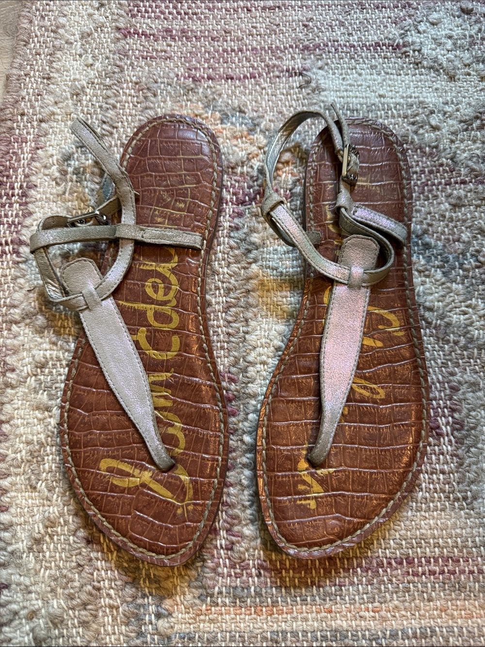 Sam Edelman Blue Iridescent Leather T-Strap Sandals